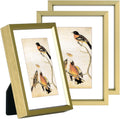 3x4 Picture Frame Set of 3, Brass Aluminum Metal Photo Frames with HD Glass, Fits 2x3 with Mat or 3 x 4 without Mat, Display for Wall and Table