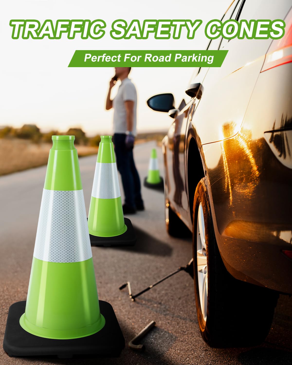 BESEA 8Pack 18" inch Traffic Cones Green Safety Cones PVC Construction Cones with 6 inch Reflective Collar for Home Driveway Road Parking Use(8 Cones)