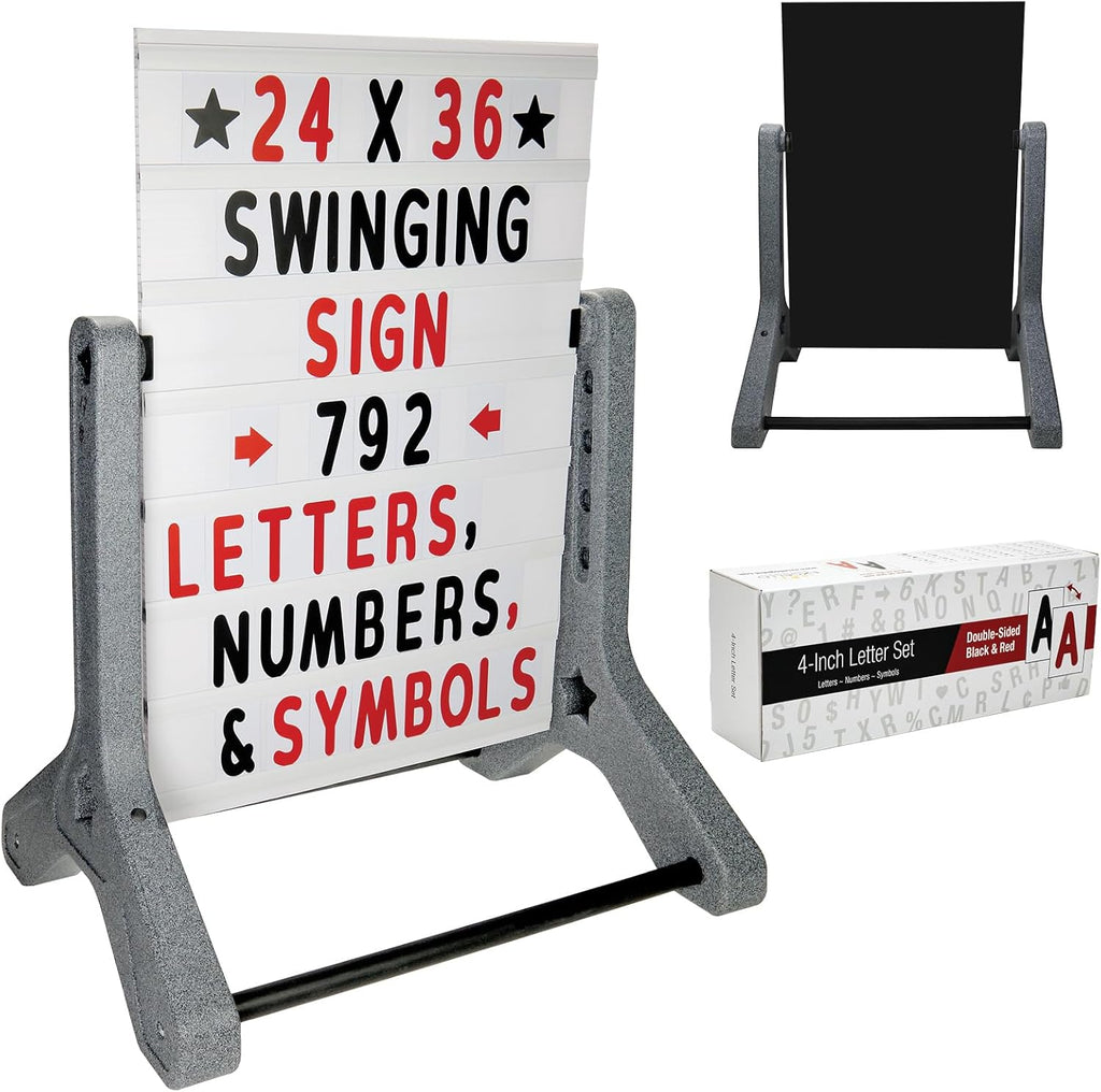 Swinging Changeable Message Sidewalk Sign: 24" x 36" Sign with 792 Pre-Cut Double Sided Letters and Storage Box. Includes Black Board & Letter Board (Granite Color Legs)