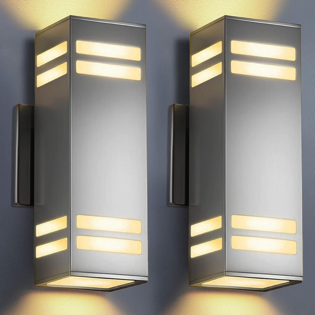 KIZON Modern Dusk to Dawn Outdoor Lighting 2 Pack, Stainless Steel Up and Down Sconce with E26 Base, Includes 3000K Bulbs, Waterproof Exterior Lighting Fixtures, Outdoor Lights for House Porch Garage