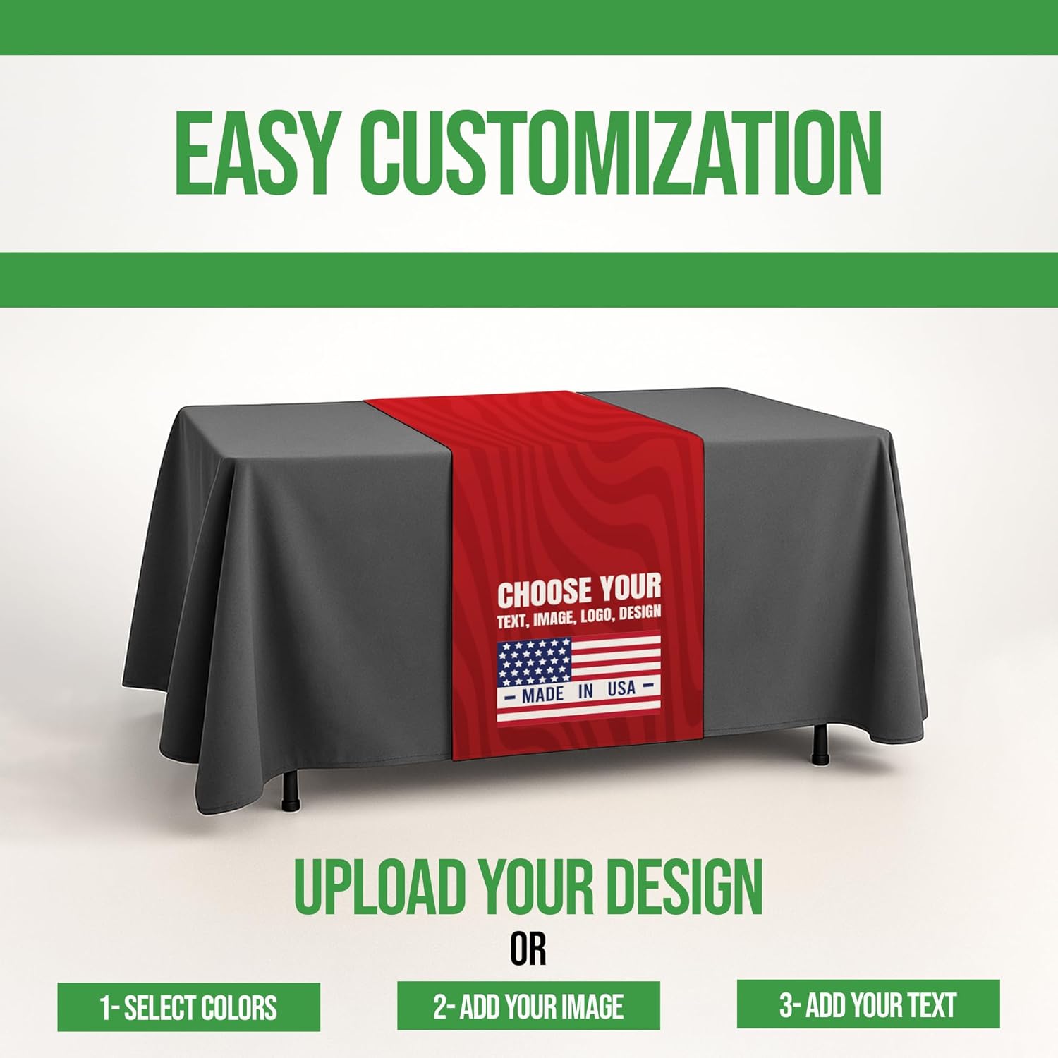 Custom Table Runner (12”x72” to 36”x72”) by BCB Print | Personalize with Business Logo/Image/Text | Trade Shows, Events & Weddings | HD Printed Custom Table Sign | Express Dispatch+Ship | Made in USA