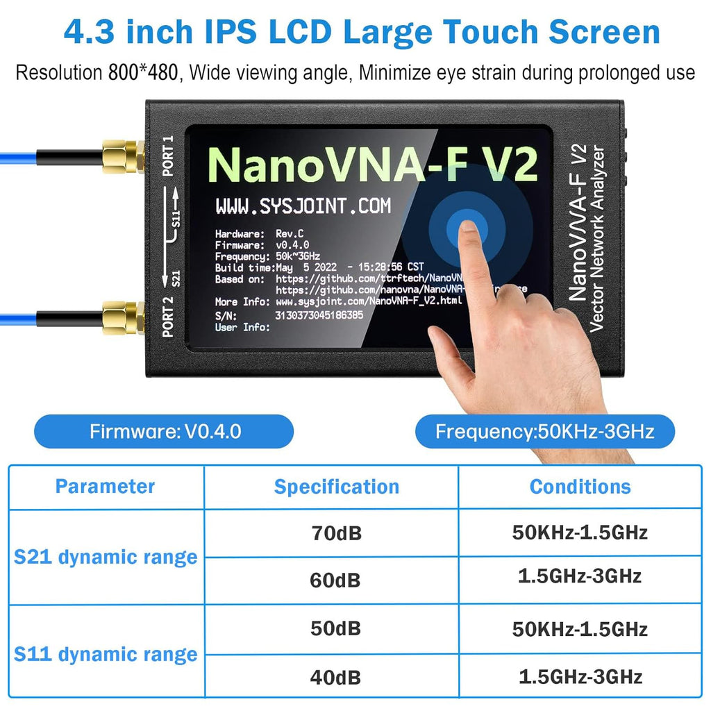AURSINC Upgraded NanoVNA-F V2 Vector Network Analyzer 50KHz-3GHz HF VHF UHF VNA Antenna Analyzer, 4.3inch Touchscreen, 5000mAh Battery, Measuring S-Parameters, SWR, Phase Delay, Smith Chart