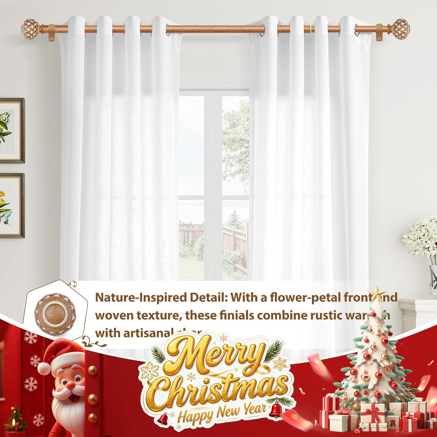 TONIAL Wood Curtain Rod 32 to 86 Inches, 7/8 Adjustable Curtain Rods for Windows 20 to 84 Inches, Splicing Drapery Rods Decorative with Netted Texture Finials