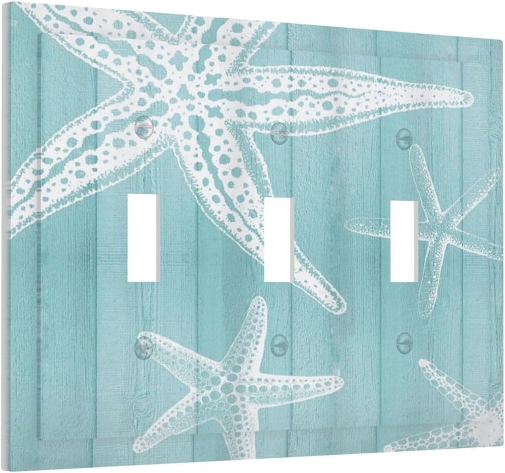 Decorative Light Switch Cover Plate Starfish Teal Wood Board Nautical 3 Gang Wall Plates for Electrical Outlets Triple Toggle Switch Plate Covers Outlet Covers Faceplate for Bedroom Home Decor