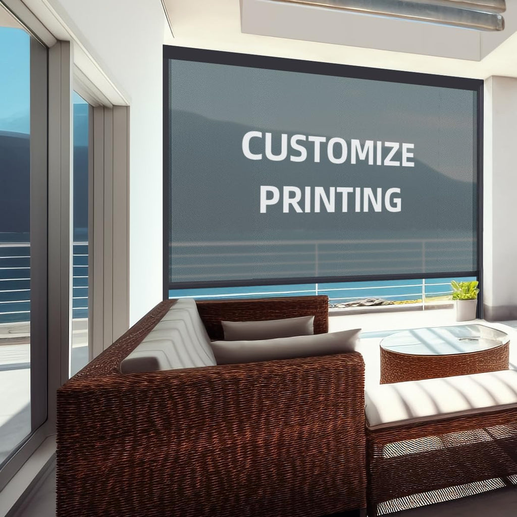 ZSHINE Hard-Wired Outdoor Snow Blocking Weatherproof Motorized Patio Roller Shades Remote Control for Porch Balcony Customized Size (Printing 10% Openness)