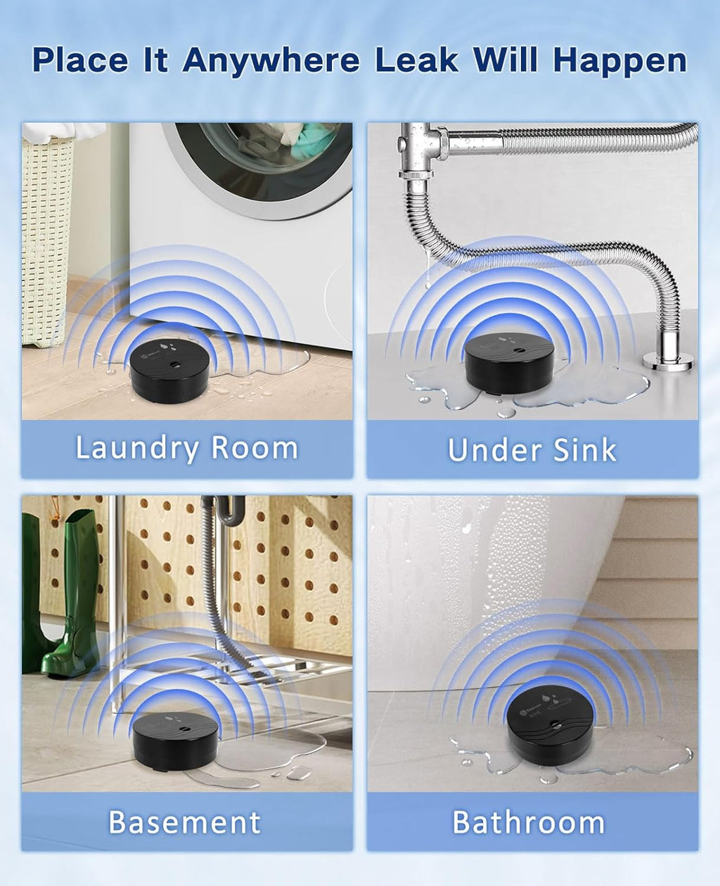 Geevon 2 Pack Water Leak Detectors, 100dB Water Sensor Alarms Flood Detector for Basements, Bathrooms, Laundry Rooms, Kitchens, Garages, and Attics, Water Alarms Battery-Operated (Battery Included)
