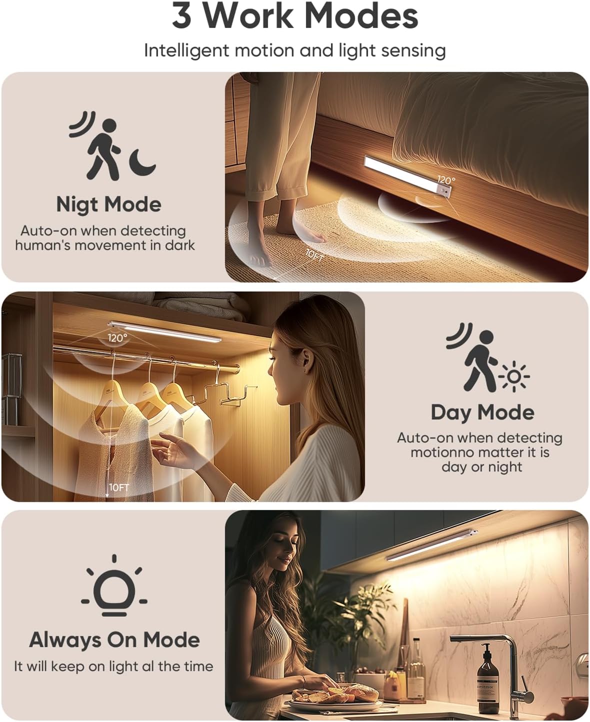 Under Cabinet Lighting Wireless, 2200mAh Rechargeable Battery Operated Motion Sensor Light Indoor, 3 Color Temps Under Counter Light, Dimmable Wireless Closet Lights w/Remote for Kitchen,Pantry,6 Pack