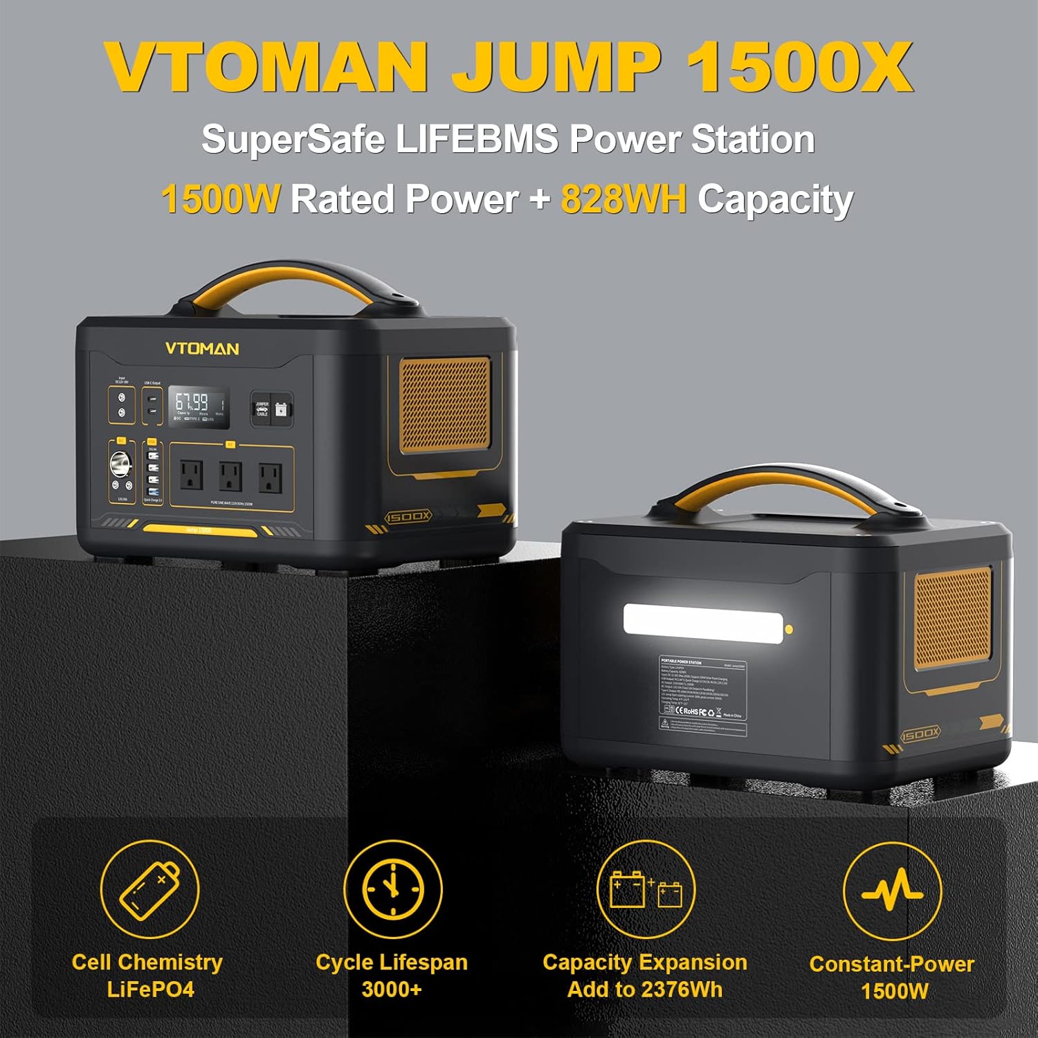 VTOMAN 2376Wh Portable Power Station, Jump 1500X Solar Generator with Extra Battery, 3000W Peak Durable LiFePO4 (LFP) Battery Station with 1500W AC Outlets, PD 100W for Home Backup & RV/Van Camping