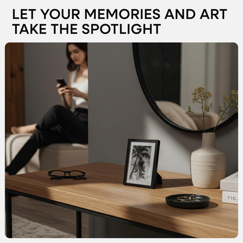 Homeforia 4x6 Picture Frame Black, High End Metal 4 x 6 Black Frames with Mat 3 x 5 for Art, 4x6 Desk Frame Matted to 3x5 inch Photo, 4 by 6 Wall or Tabletop Frames, Tempered Glass, Wall Kit, Set of 4
