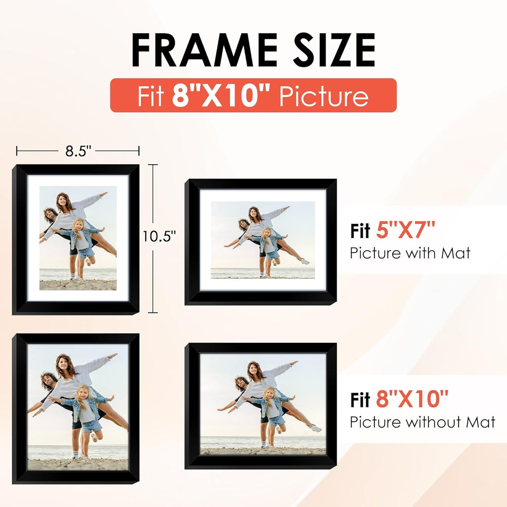 FIXSMITH 8x10 Picture Frame Set of 10, Black Photo Frames Bulk with HD Plexiglass, Display Pictures 5x7 with Mat or 8x10 Without Mat, Multi Picture Frames Collage for Tabletop or Wall Display