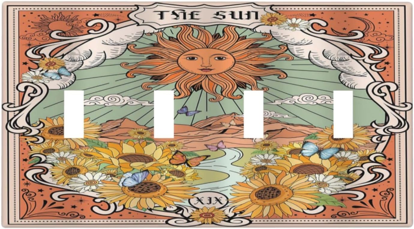 Boho Retro Sun Sunflower Vintage Flower Butterfly Light Switch Covers Quad Toggle Electrical Faceplate 4 Gang Wall Plate Decorative Switch Plates for Farmhouse Home Decor