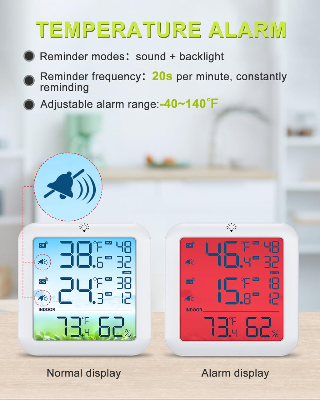 Wireless Fridge and Freezer Thermometer with Alarm, Max/Min Temperature Records Digital Refrigerator Thermometer, 328FT Remote Range, Magnetic & Stand Options for Kitchen Home Restaurant