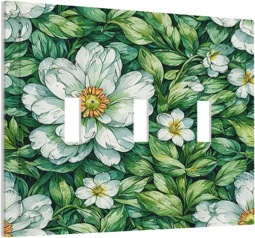 Vintage Floral White Flowers Green Plants Leaves Decorative Switch Plates 3 Gang Wall Plate Triple Toggle Light Switch Cover Electrical Wall Panels Faceplate for Bedroom Bathroom Decor