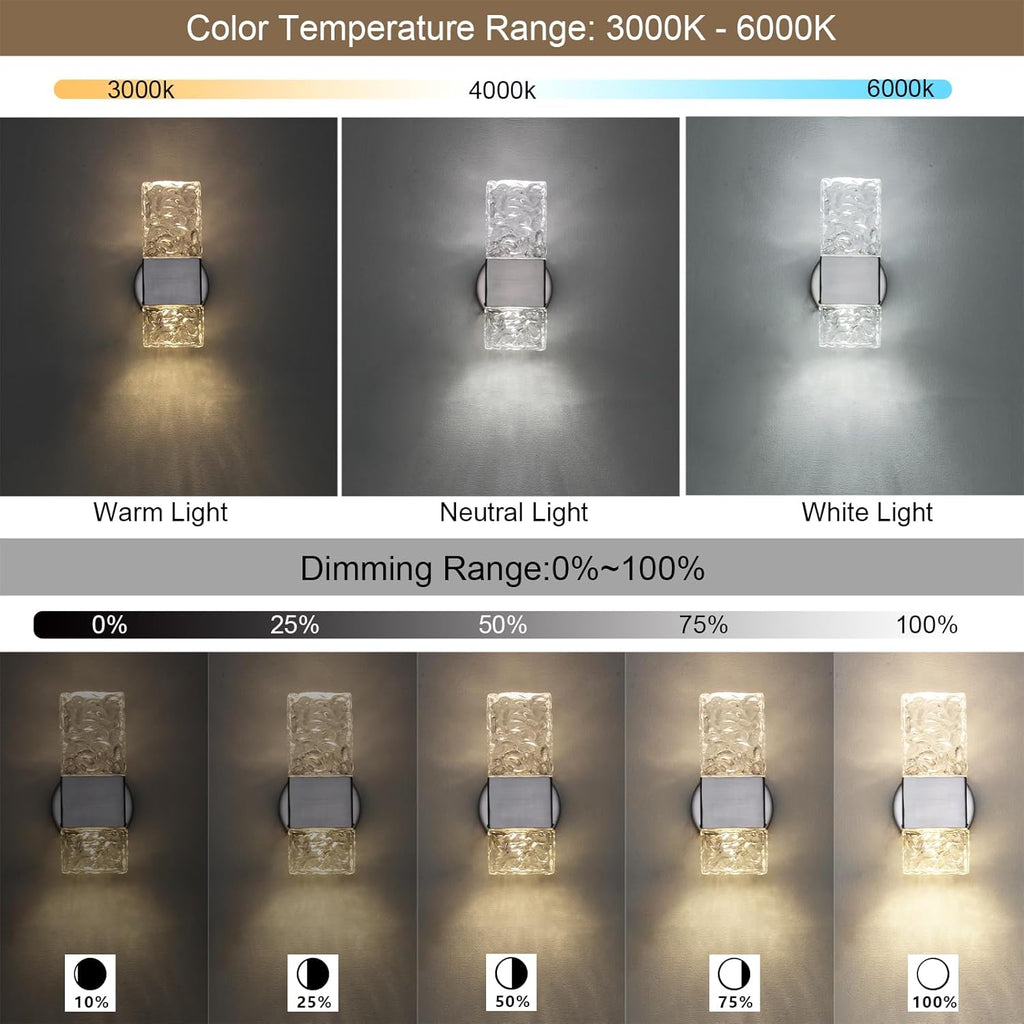 HuisMier Brushed Nickel Crystal Wall Sconce, Modern Dimmable LED Wall Light Fixtures with Remote, K9 Elegant Crystal Vanity Wall Lighting for Bathroom Bedroom Stairway Hallway, Hardwired 3000K-6000K