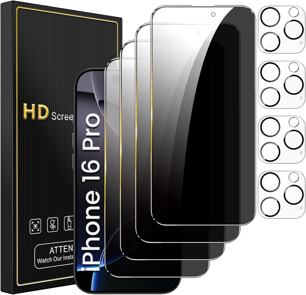 4 Pack Privacy Screen Protector for iPhone 16 Pro 6.3 Inch with 4 Pack Camera Lens Protector, Anti Spy Tempered Glass Film, Anti-Scratch, Touch Sensitive, Case Friendly
