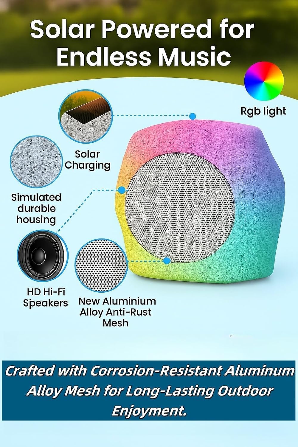 Outdoor Rock Speaker Bluetooth Speakers 48 W Deep Bass (2 Pack) – 16 Hr Playtime, Bluetooth 5.4 TWS Stereo, Aluminum‑Alloy Mesh,IPX5 Waterproof Solar-Powered Speaker Perfect for Pool