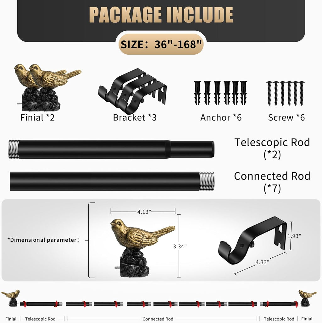 Vintage Gold Curtain Rod 36 to 168 Inches Curtain Rods for Windows Adjustable Drapery Rod with Bird Finials Heavy Duty Curtains Rods for Living Room
