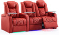 Weilianda Home Theater Seating Top Grain Leather Zero Gravity Recliner Chair Power Headrest Recline Movie Seat Gaming 7 Colors Mood Light Sofa with Tray Table USB Charge Row of 3 Loveseat Right Red