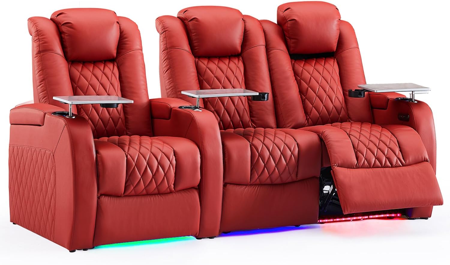 Weilianda Home Theater Seating Top Grain Leather Zero Gravity Recliner Chair Power Headrest Recline Movie Seat Gaming 7 Colors Mood Light Sofa with Tray Table USB Charge Row of 3 Loveseat Right Red