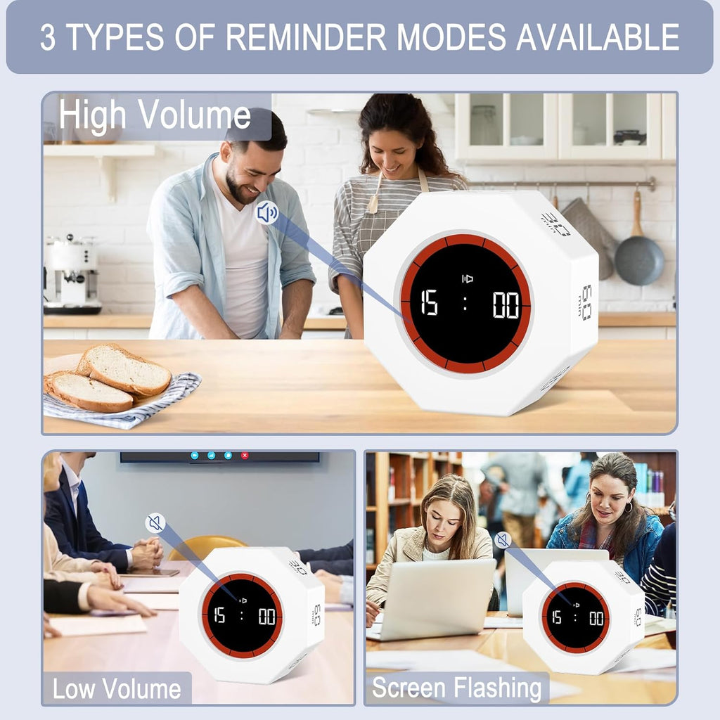 GuDoQi Digital Productivity Timer, Octagon Rotating Pomodoro Timers with Gravity-sensor, 1-3-5-15-30-60-90 Min Countdown, Portable Adjustable Sound Alert Multi Desk Timer or Study Task, Kitchen, White