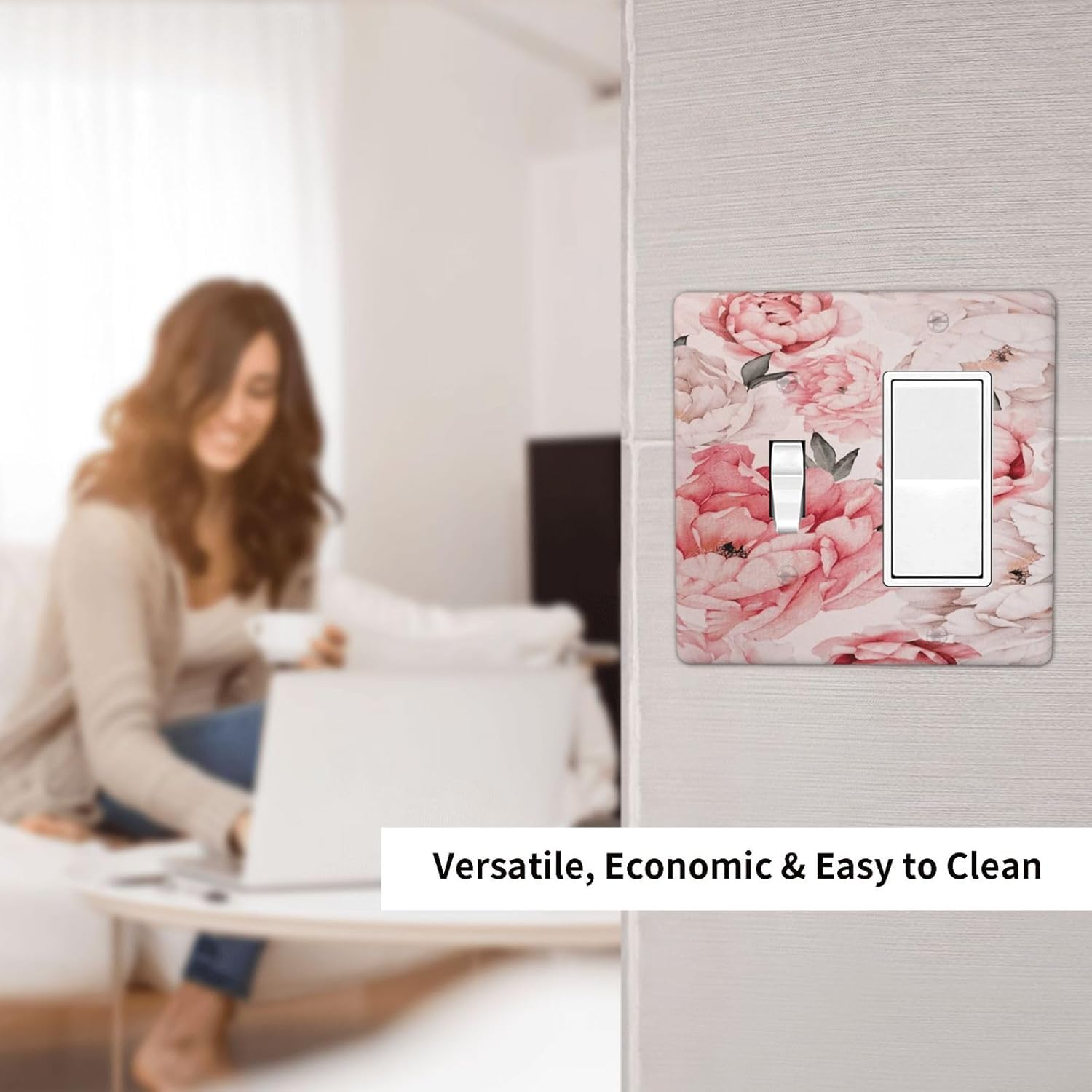 Decorative Outlet Covers Ink Pink Peony Flower Rustic Floral 2 Gang Wall Plate Single Toggle 1 Rocker Light Switch Cover Switch Plate Covers Faceplate for Home Bedroom Decor