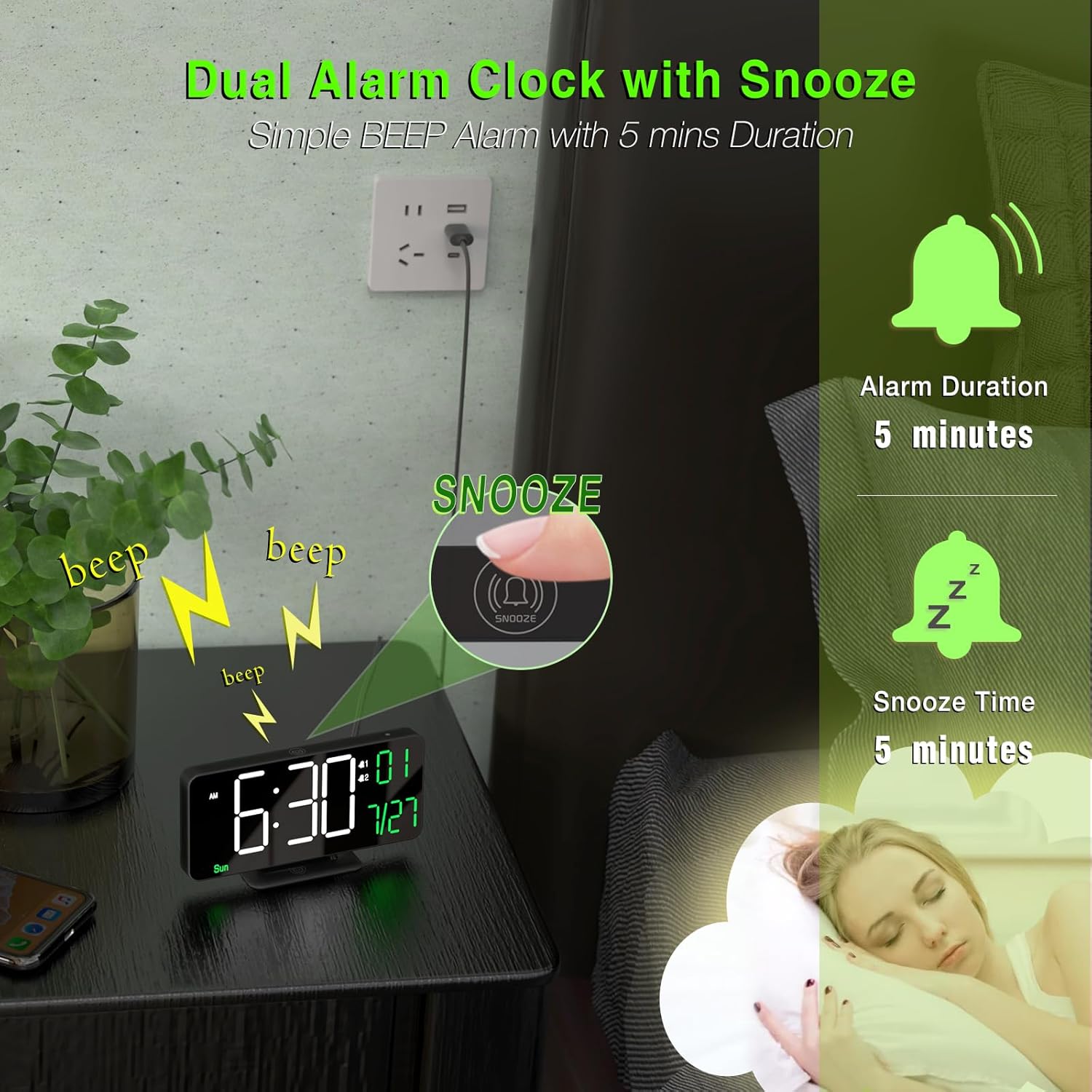 KOSUMOSU Digital Clock for Bedroom, 6.7in Black Alarm Clocks for Bedrooms,Auto Dimming, Date, Day of Week, Indoor Temperature,Digital Alarm Clock,Clocks for Living Room