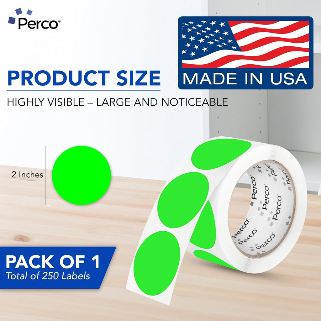 Perco Fluorescent Green 2-Inch Perforated Circle Dot Sticker Labels — 250 Round Stickers Per Roll — with Permanent Adhesive for Organizing, Color Coding, Bin Labeling, Packaging Alerts — Made in USA