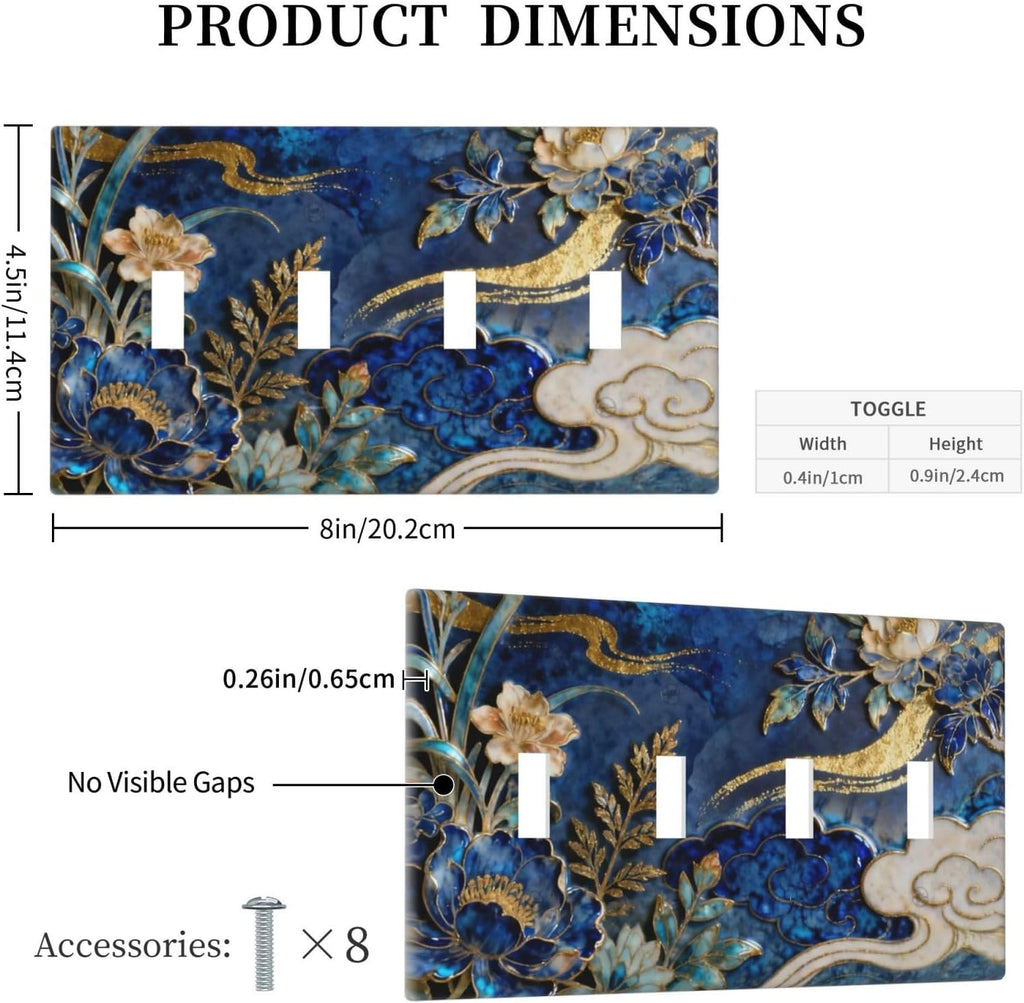 Decorative Light Switch Cover Plate Blue White Flower Gold Line Cloud 4 Gang Wall Plates for Electrical Outlets Quad Toggle Switch Plate Covers Outlet Covers Faceplate for Home Decor