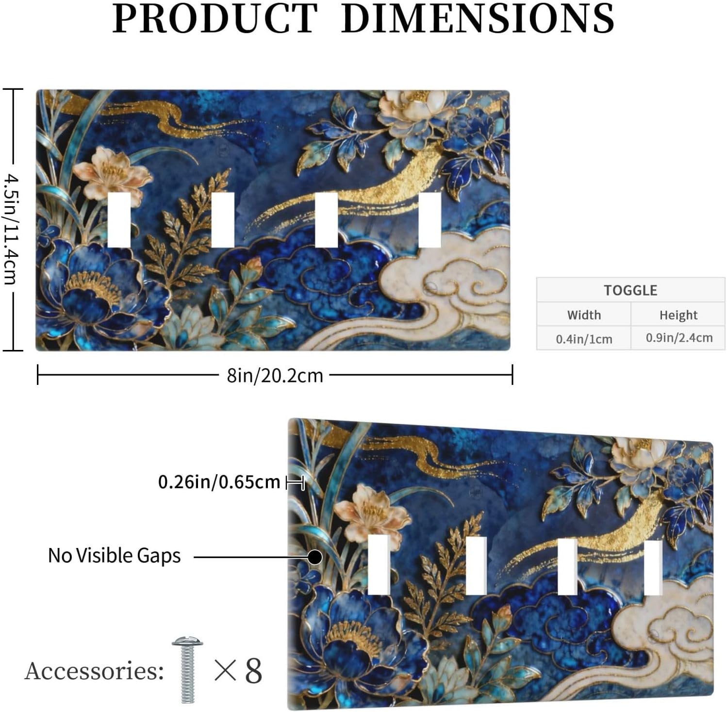 Decorative Light Switch Cover Plate Blue White Flower Gold Line Cloud 4 Gang Wall Plates for Electrical Outlets Quad Toggle Switch Plate Covers Outlet Covers Faceplate for Home Decor