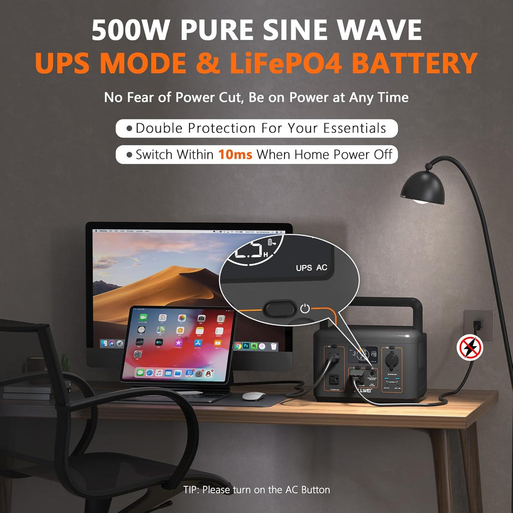 ALLWEI Portable Power Station 500W, 512Wh LiFePO4 Battery, UPS Function, 2.5Hrs Fast Charge, 2 AC Outlets(Surge 1000W), Solar Generator for Outdoor Camping RV CPAP Home Emergency