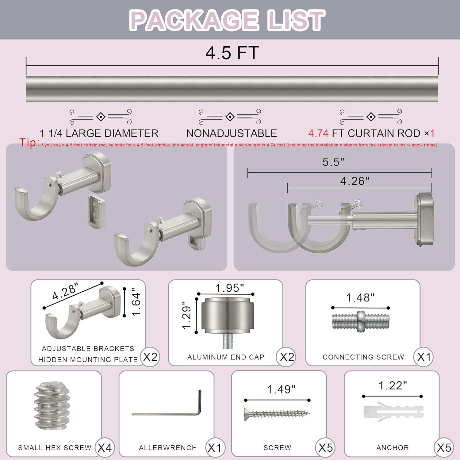 Heavy Duty Curtain Rods,1 1/4" Large Diameter Premium Nonadjustable Curtain Rod,54in/4.5ft Custom Window Treatment Rods with Durable Aluminum Brackets and End Caps,Brushed Nickel Finish