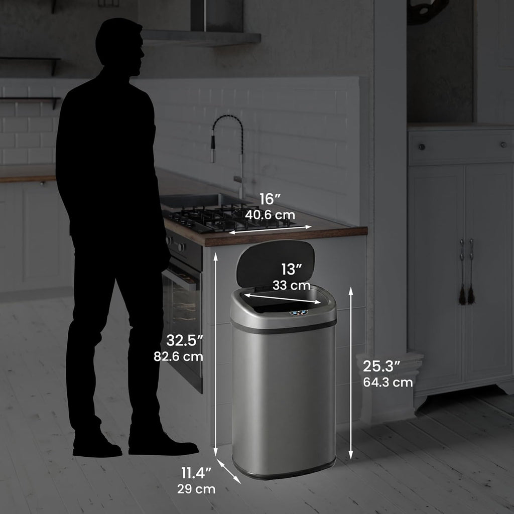 SensorCan 13 Gallon Automatic Sensor Trash Can with Lid, AC Adapter Included, AbsorbX Odor Control, Gunmetal Gray Stainless Steel Kitchen Garbage Bin, Fingerprint-Proof, Hands-Free Operation, Oval