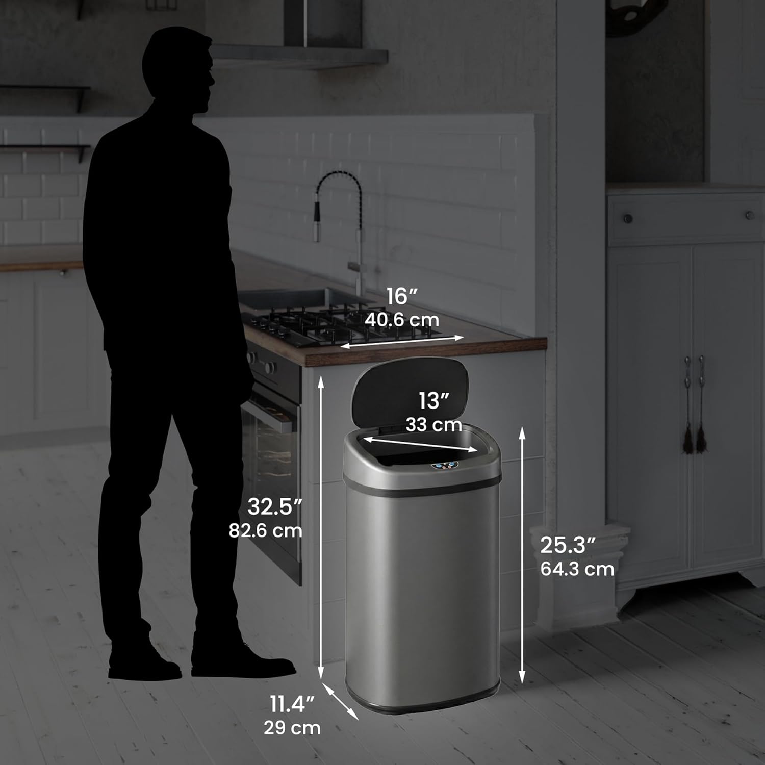 SensorCan 13 Gallon Automatic Sensor Trash Can with Lid, AC Adapter Included, AbsorbX Odor Control, Gunmetal Gray Stainless Steel Kitchen Garbage Bin, Fingerprint-Proof, Hands-Free Operation, Oval