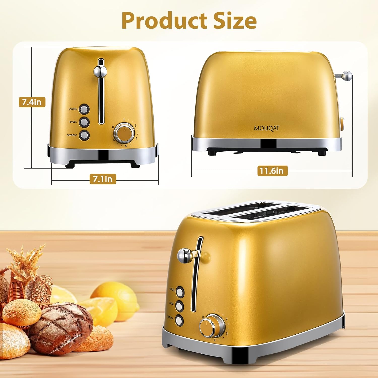 Gold Toaster 2 Slice, Wide Slot Stainless Steel, Mouqat – Best Gift, 6 Shade Settings, Bagel/Cancel/Defrost Functions, Removable Crumb Tray, Different Toast Sizes, Kitchen Essential, Cord Wrap – 825W