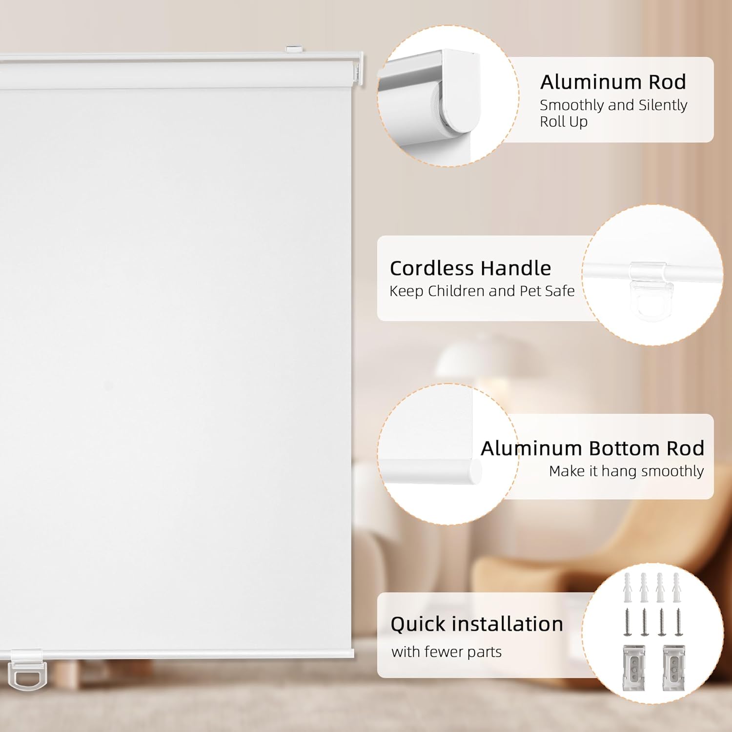 ChrisDowa Cordless Blackout Roller Shades for Windows, Thermal Insulated UV Protection Pull Down Shades, Total Blackout Window Blinds for Home, Office, Bedroom, Door (57" W x 72" H, White)