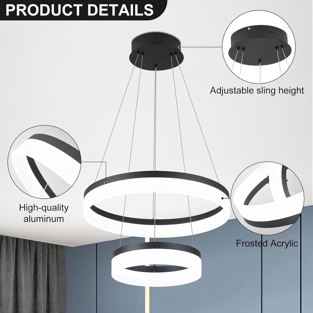 Buccleuch 2-Ring Modern LED Chandelier - Dimmable Black Round Pendant Light, Height Adjustable ETL-Certified Ceiling Light for Dining Room, Kitchen Island, Living Room, Bedroom, Foyer
