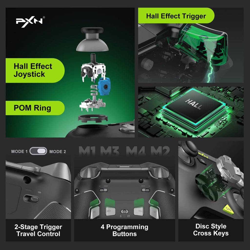 PXN P5 PC Gaming Controller, 2.4G Wireless Gaming Controller, Hall Effect Joystick, Hall Triggers, Dual Vibrators, APP, POM, Wake-up, 4-Macro, 3-Mode(2.4G/BT/SW), for PC,Switch,Android,iOS - Black