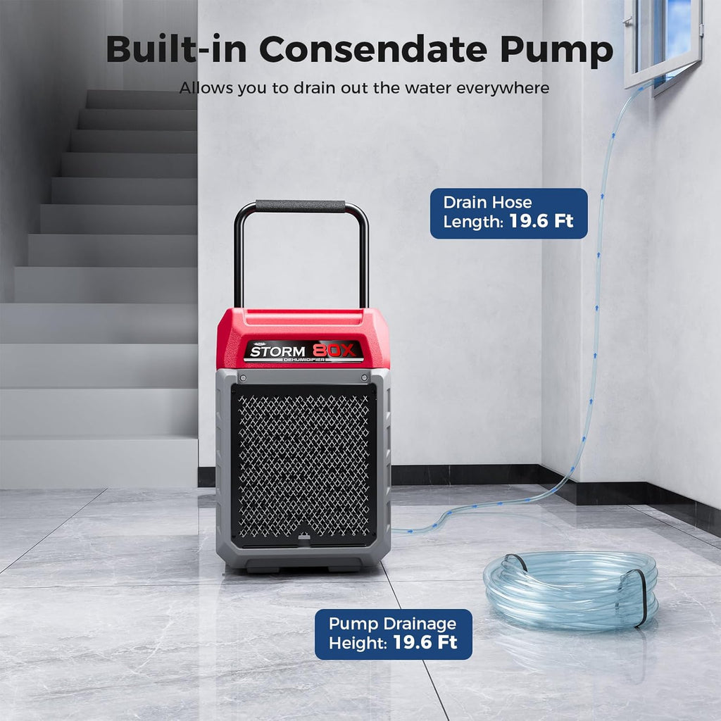 ALORAIR 170 PPD Commercial Dehumidifier with Pump, 2,100 Sq.Ft Space Cover Industrial Use Portable Dehu, with Wheels, Fit for Water Damage Restoration, Carpet Drying, Basement, Garage, Storm 80X Red