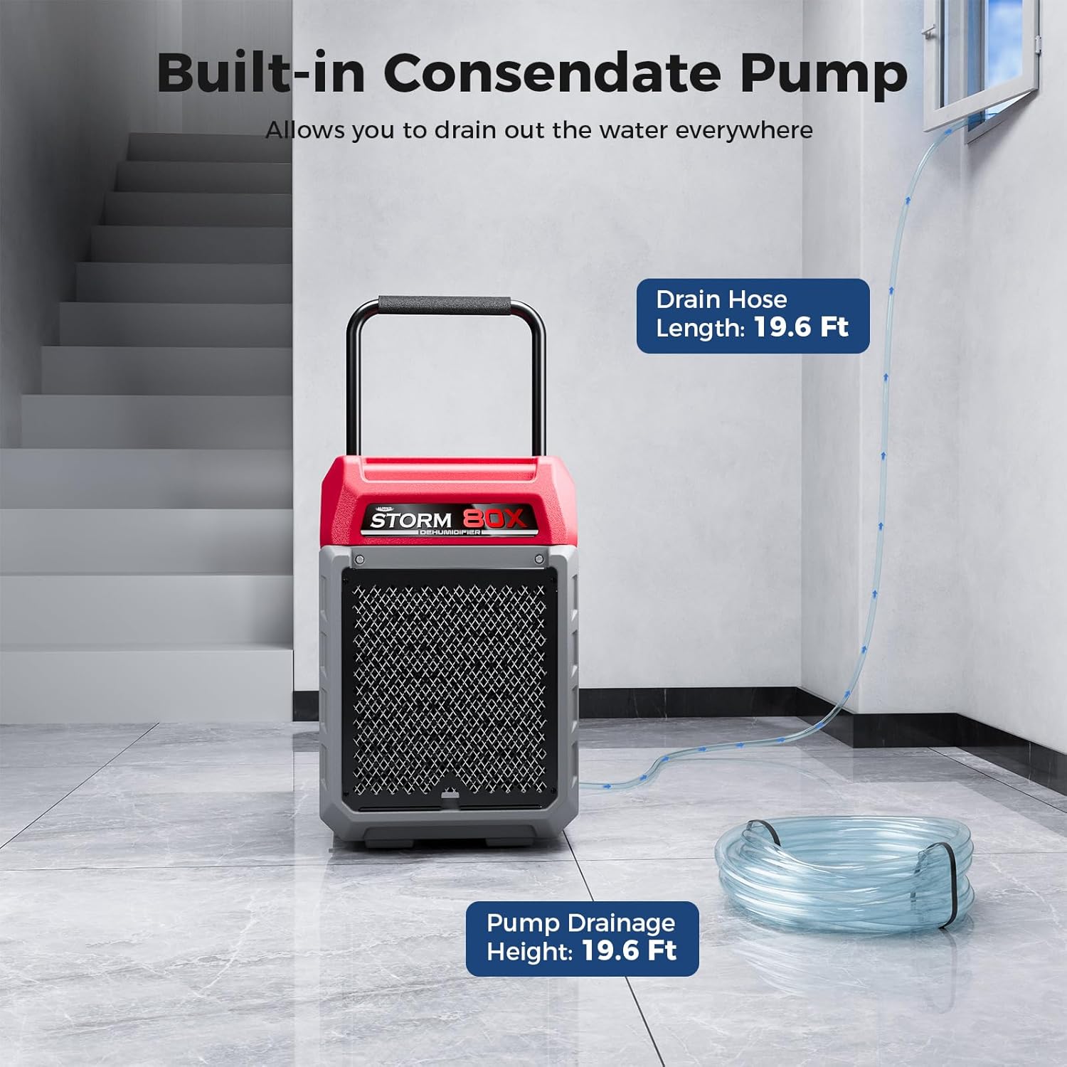 ALORAIR 170 PPD Commercial Dehumidifier with Pump, 2,100 Sq.Ft Space Cover Industrial Use Portable Dehu, with Wheels, Fit for Water Damage Restoration, Carpet Drying, Basement, Garage, Storm 80X Red