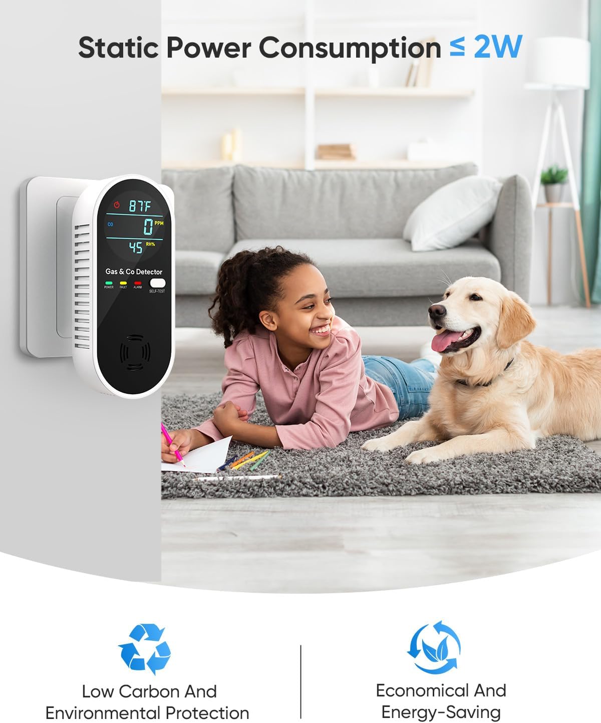 Carbon Monoxide Detectors and Natural Gas Detector, 4-in-1 Upgraded Carbon Monoxide Detectors Plug in, Gas Leak Detector with Dual Alarms, Temperature & Humidity Sensor for Home, RV, Black, 2 Packs
