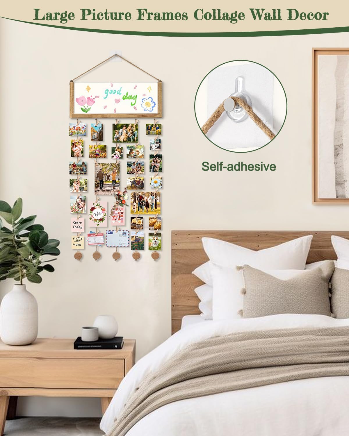Bikoney Rustic Collage Photo Display Wall Decor with Happy Birthday Banner, Gift Card Storage and 30 Clips for Dorm Room, Bedroom and Home