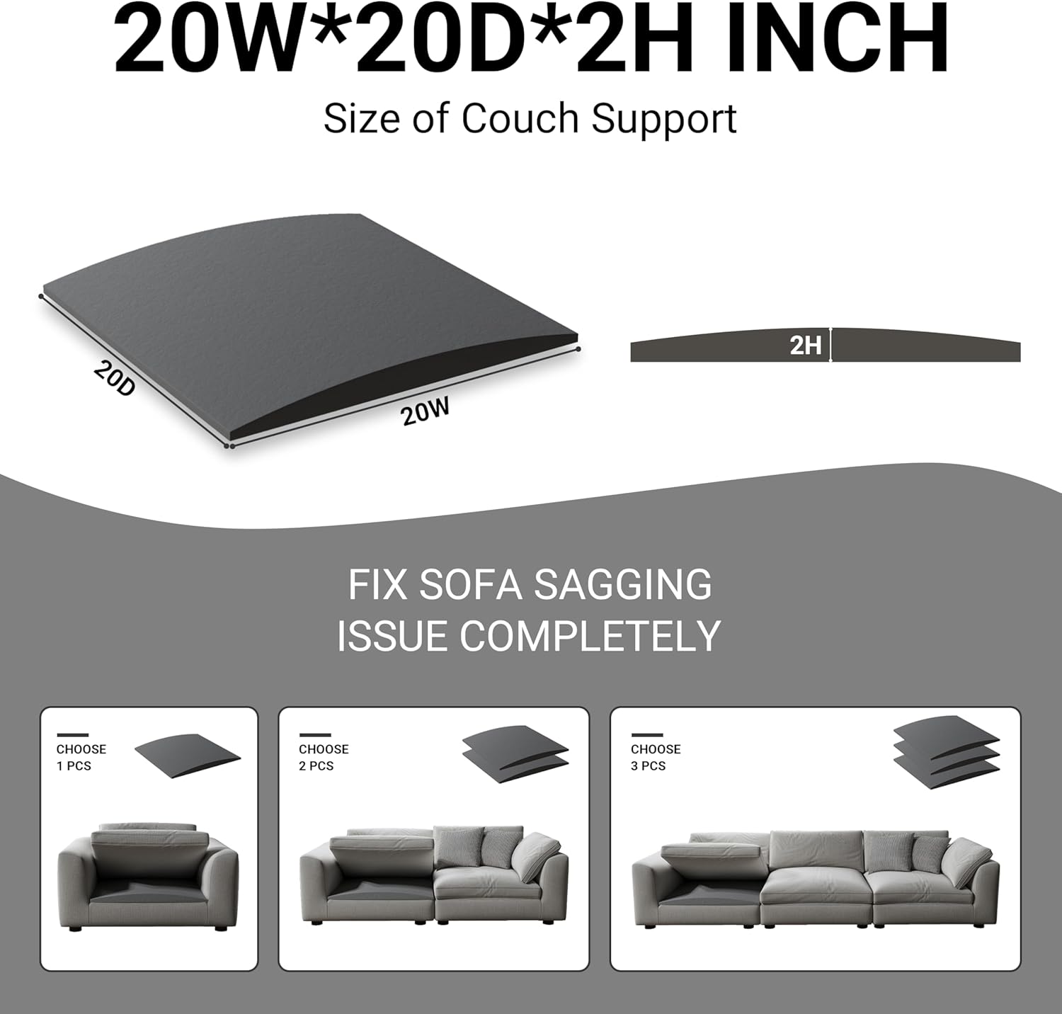 Couch Cushion Support for Sagging Seat, High Density Foam Sofa Support Replacement for Furniture, Curved Couch Supporter for Under The Cushions, Grey Set of 3