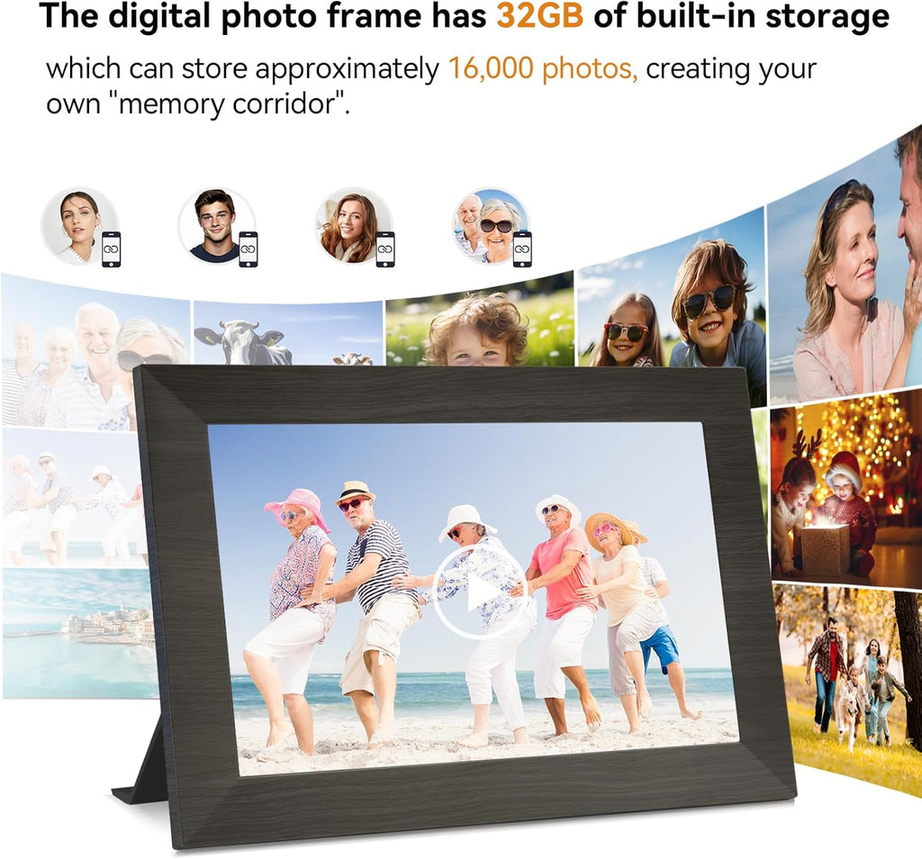 10.1 Inch Smart Digital Picture Frame with Wi-Fi 6, 32GB Storage, IPS Touch Screen, Auto-Rotation, Music Sync, Weather & Clock - Ideal Gift for Families