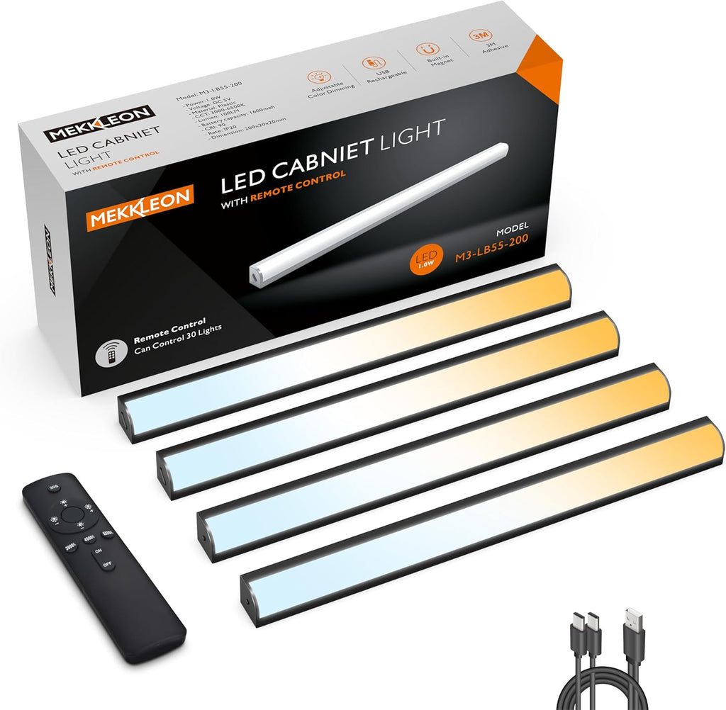 Under Cabinet Lights Remote Control,4 Pack Magnetic Rechargeable Light bar,Under Cabinet Lighting Wireless,Ceiling and Under Counter Lights for Kitchen,Wardrobe,Shelf (Black, 20 CM)