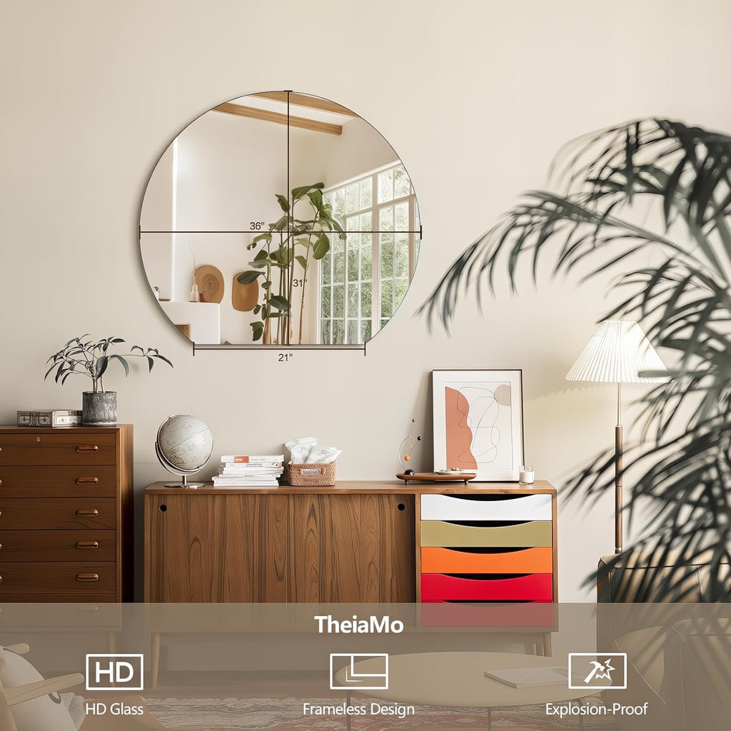 Half Moon Bathroom Mirror 36", Modern Frameless Wall Mirror, Hanging Decorative Vanity Mirror, Minimalist Explosion Proof Semi Circle Mirror for Living Room Bedroom Entryway, Down Cut