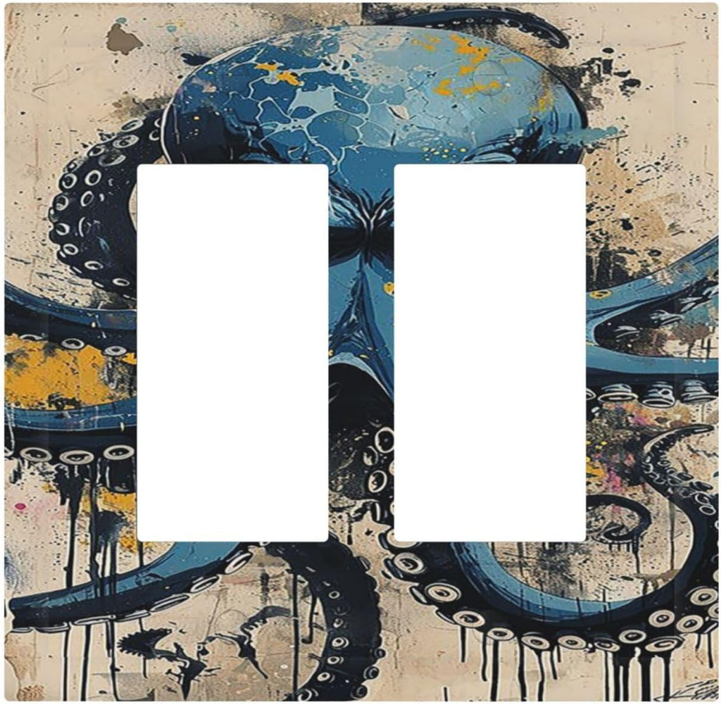 Decorative Outlet Covers Nautical Vintage Blue Octopus Yellow Eyes Oil Watercolor 2 Gang Double GFCI Rocker Electrical Wall Panels Light Switch Cover Plate for Kids room Nursery Decor