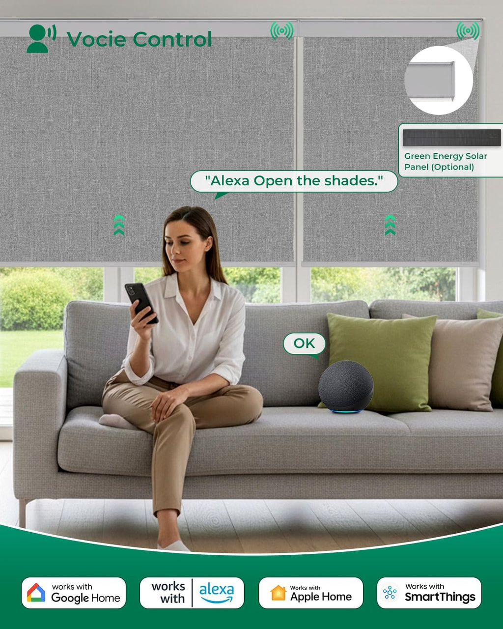 Allesin Motorized Roller Blinds – Rechargeable Smart Shades with Remote & Quiet Motor, Top/Bottom Aluminum Rails, Alexa-Compatible for Window (Custom Size, 100% Blackout Stone-Weave)
