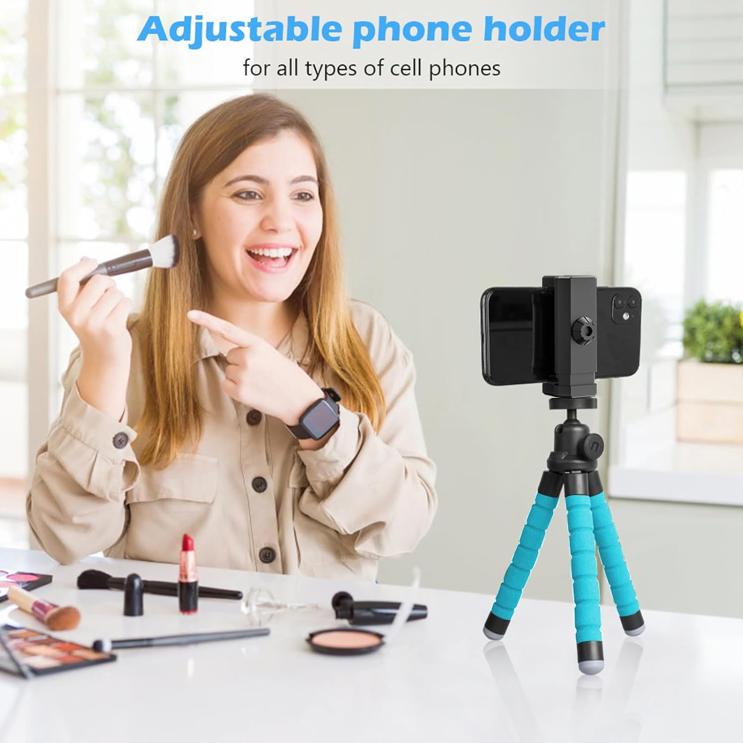 Ubeesize Portable Tripod Stand with Wireless Remote & Clip, Flexible Phone Holder for Video Recording (Blue)