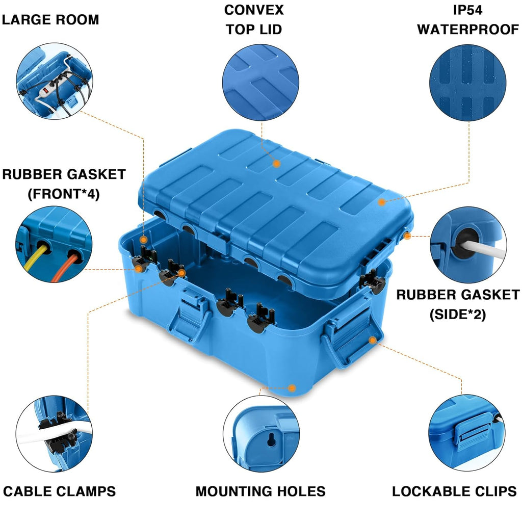 Flemoon Large Outdoor Electrical Box (12.5 x 8.5 x 5 inch), IP54 Waterproof Outdoor Extension Cord Cover Weatherproof, Protect Outlet, Plug, Socket, Timer, Power Strip, Holiday Light Decoration, Blue