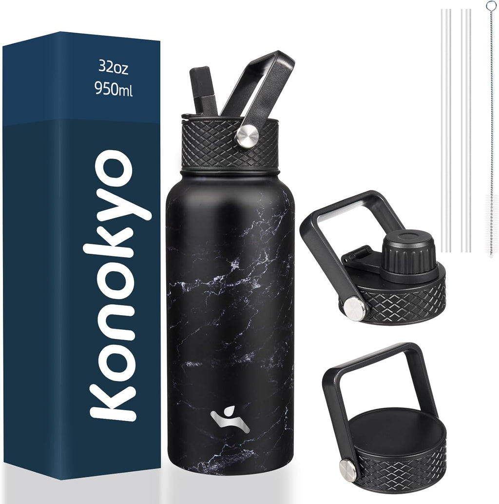 32 oz Insulated Water Bottle Stainless Steel Sport Bottles with 3 Lids,Marble Midnight